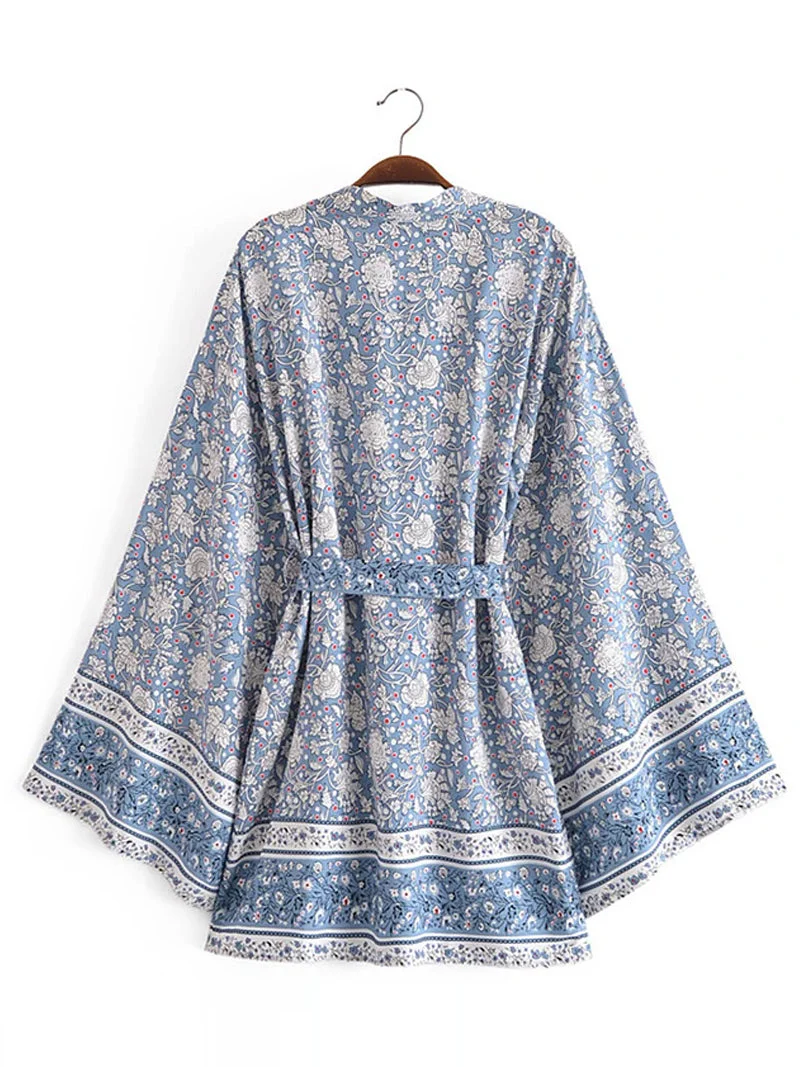 Beachwear Leaf Print Blue Color Cotton Short Length Gown Kimono Duster Robe - Image 2