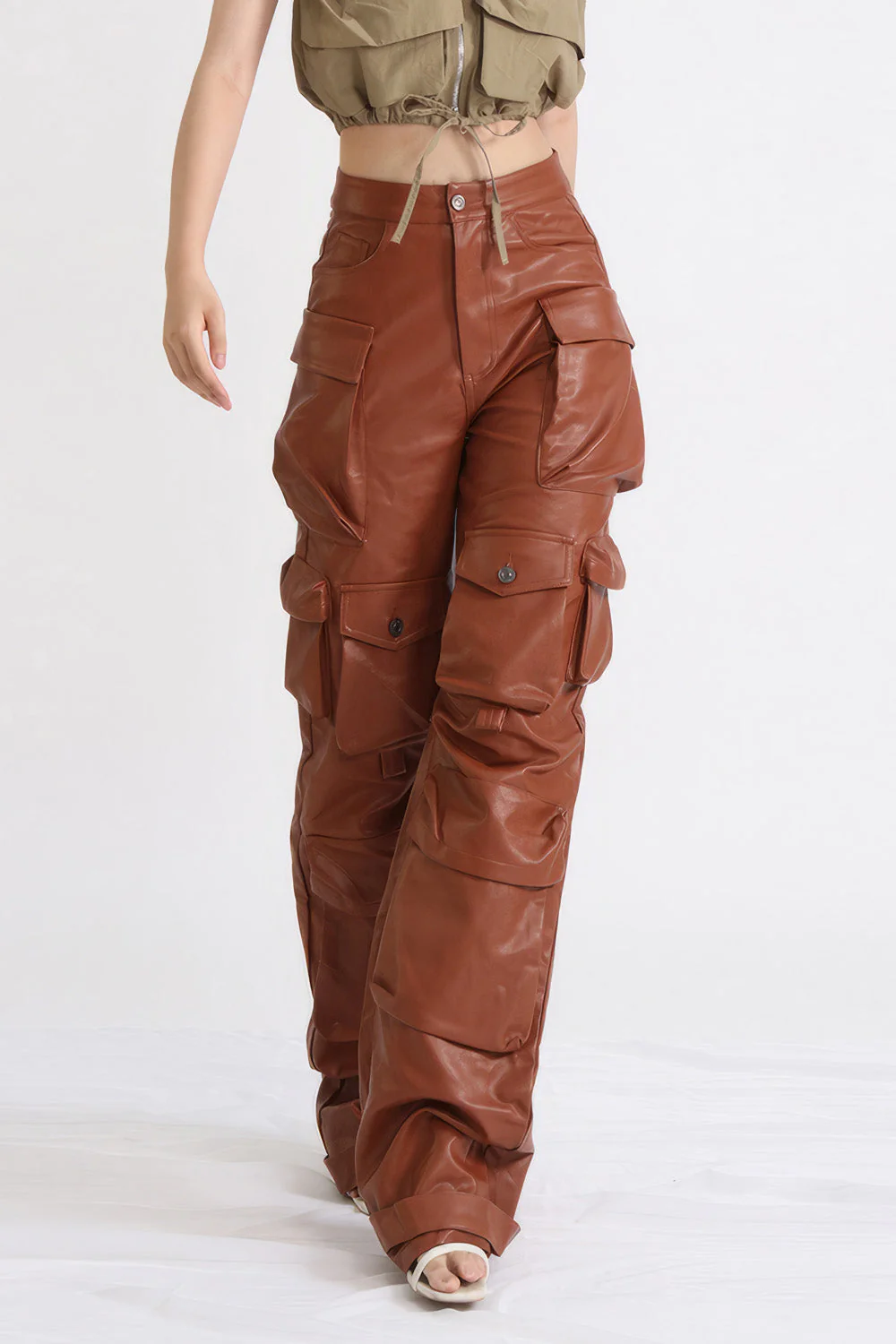 Leather Cargo Trousers - Brown - Image 2