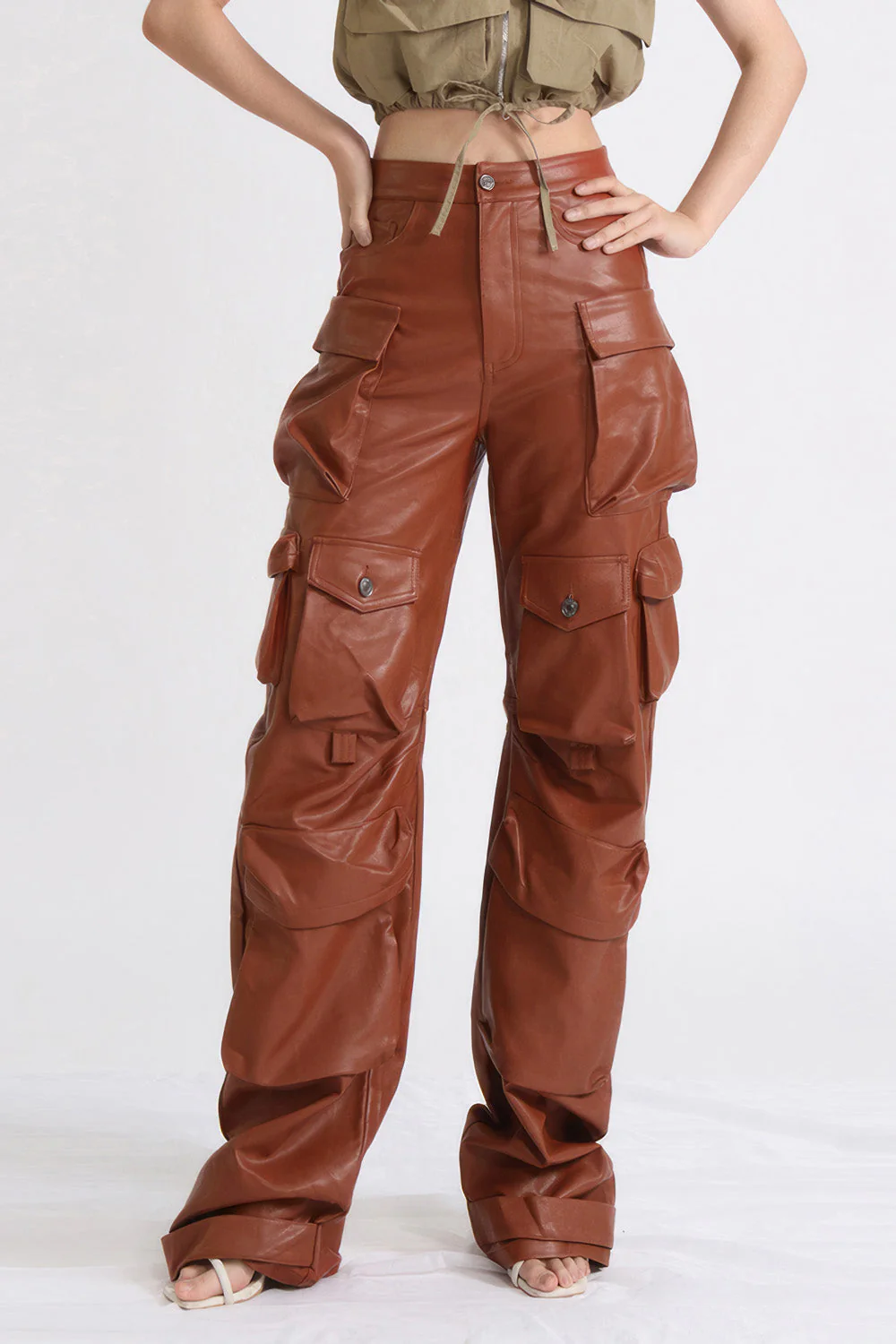 Leather Cargo Trousers - Brown - Image 3