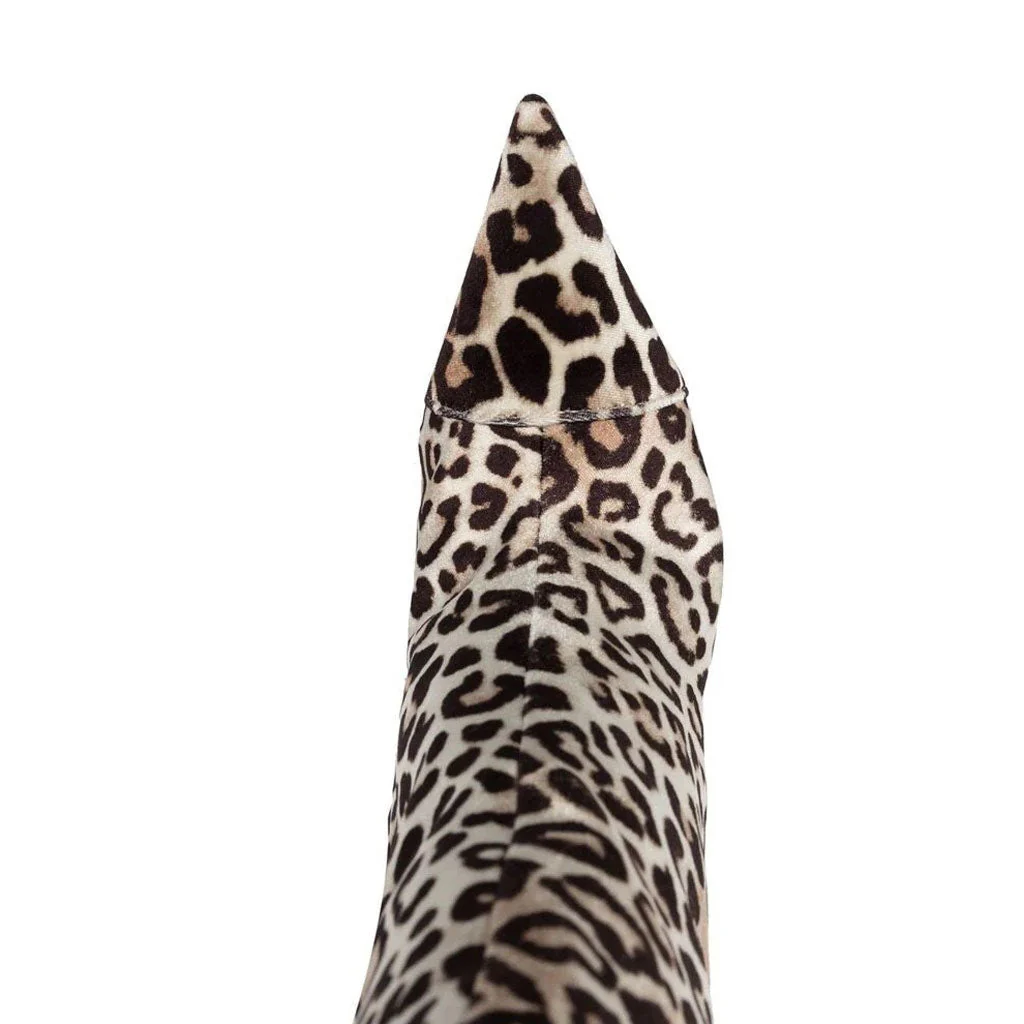 Leopard Print Pointed Toe Knee High Suede Stiletto Boots - Brown - Image 3