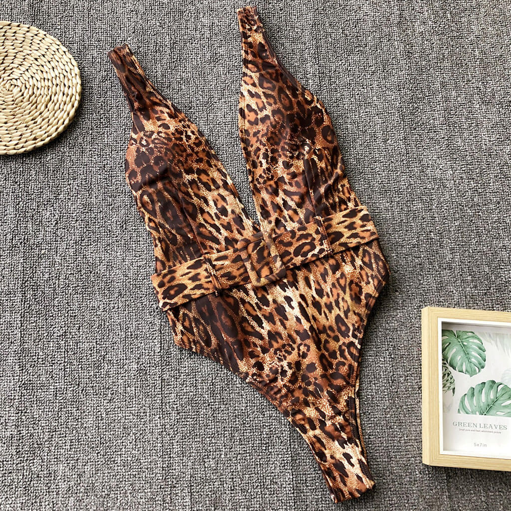Leopard Printed Belted Deep V Neck High Cut One Piece Swimsuit - Coffee - Image 3
