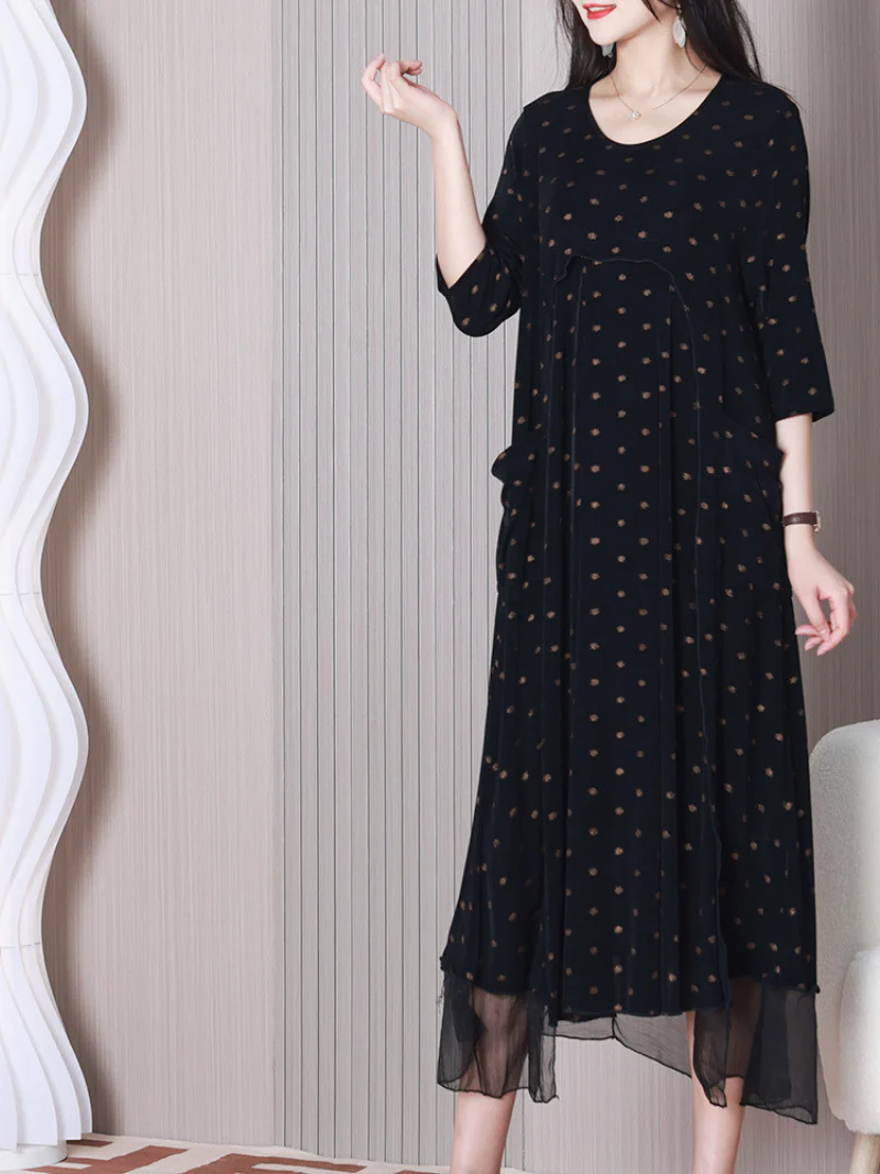 Let Them Go Round Neck Stylish Polka Dots A-line Dress - Image 3