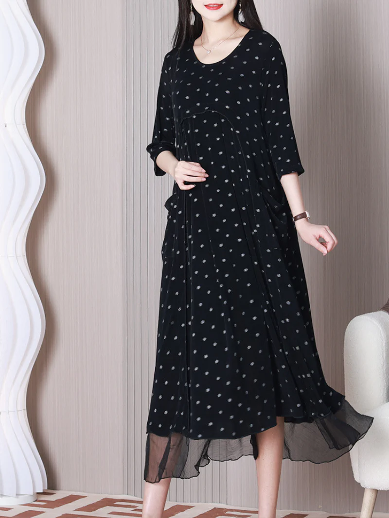 Let Them Go Round Neck Stylish Polka Dots A-line Dress - Image 4