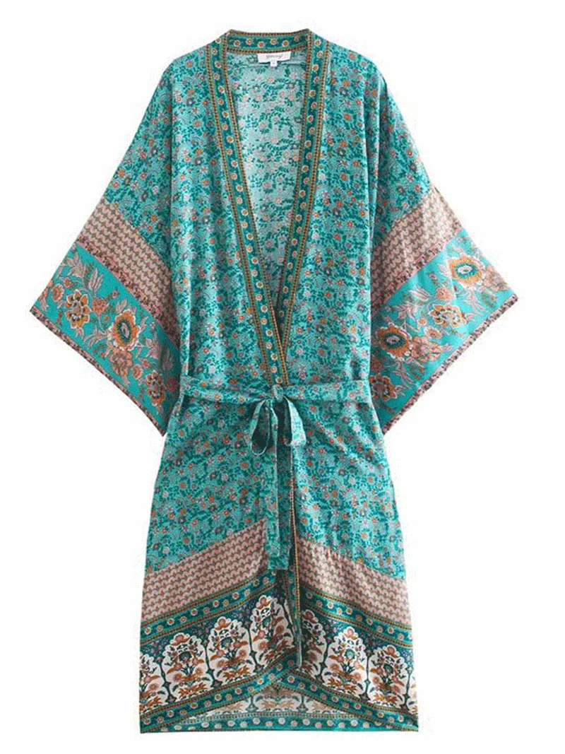 Nightwear Kimono Robe Duster Floral Print Blue Cotton Long Length Kimono - Image 2
