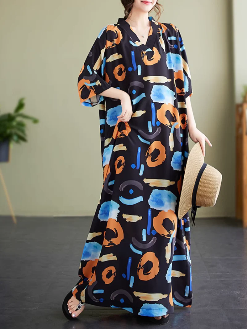 Lightweight Cover-Up V Neck Kaftan Dress - Image 4