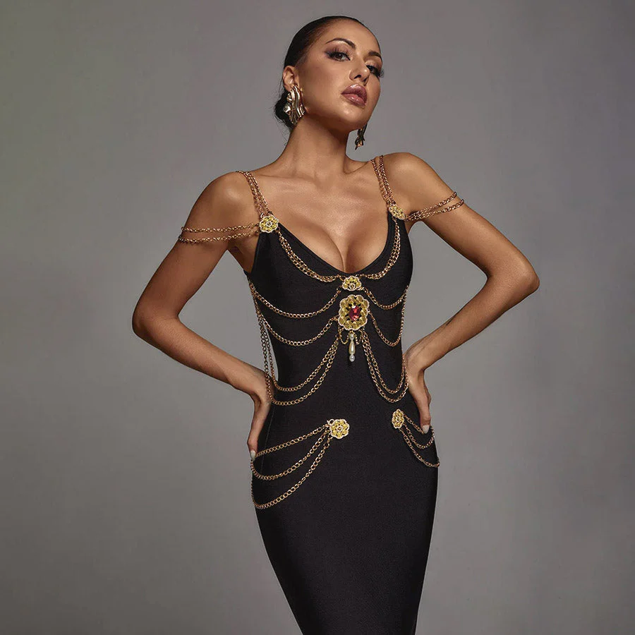 LILLY MAXI Dress with GOLD CHAINS and FRONT SLIT - Image 4