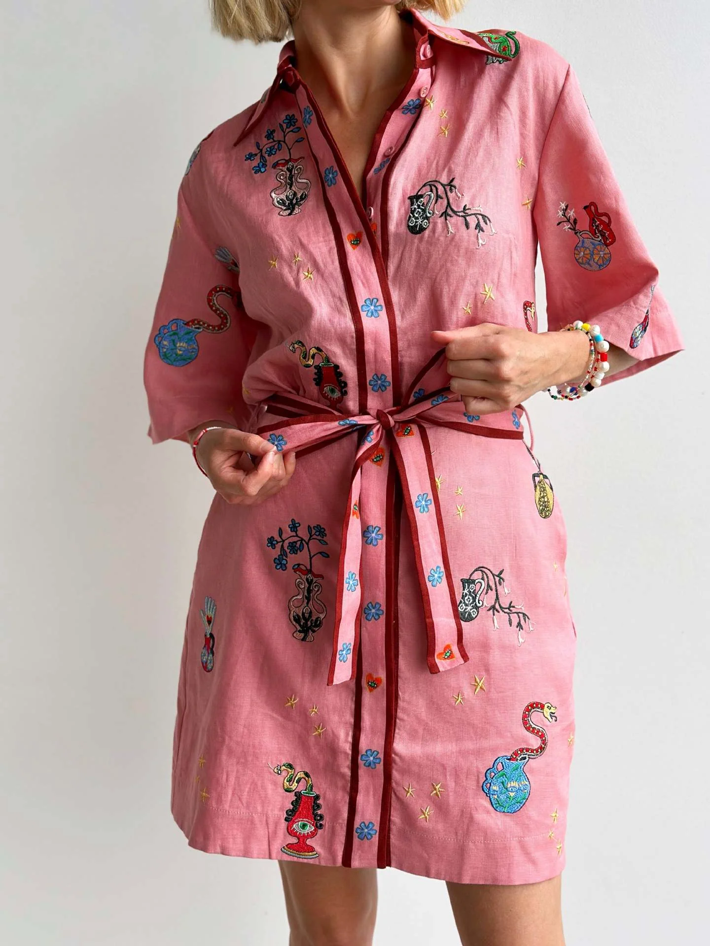 Linen Button-Down Collar Print Dress - Image 2