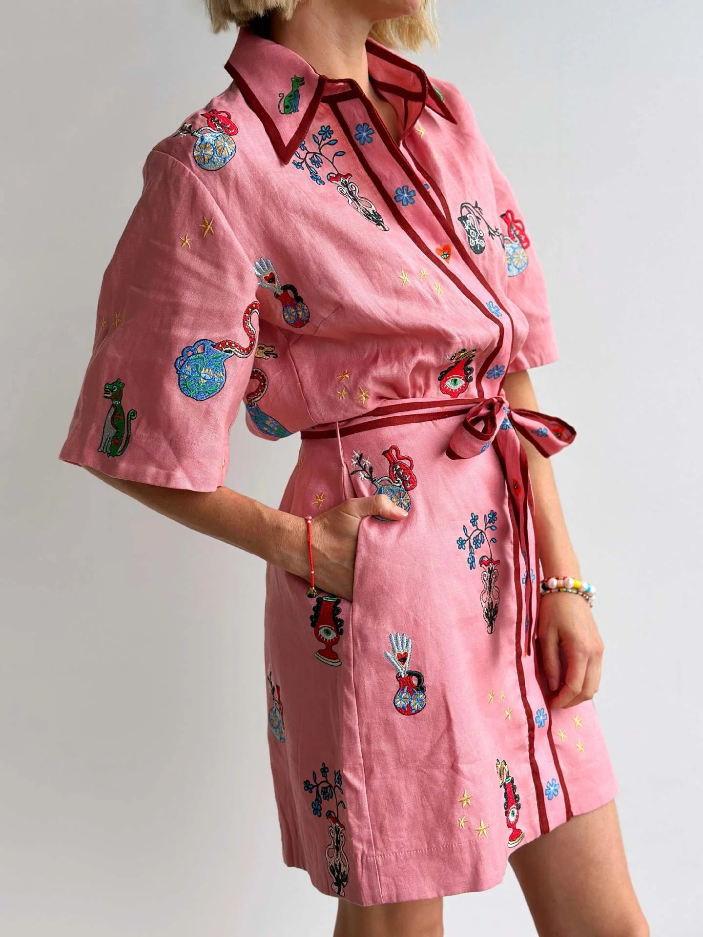 Linen Button-Down Collar Print Dress - Image 3