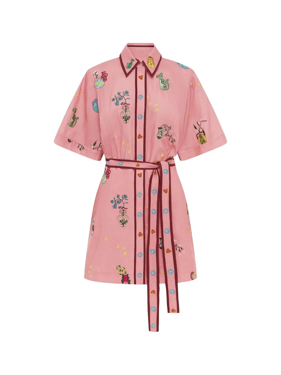 Linen Button-Down Collar Print Dress - Image 4