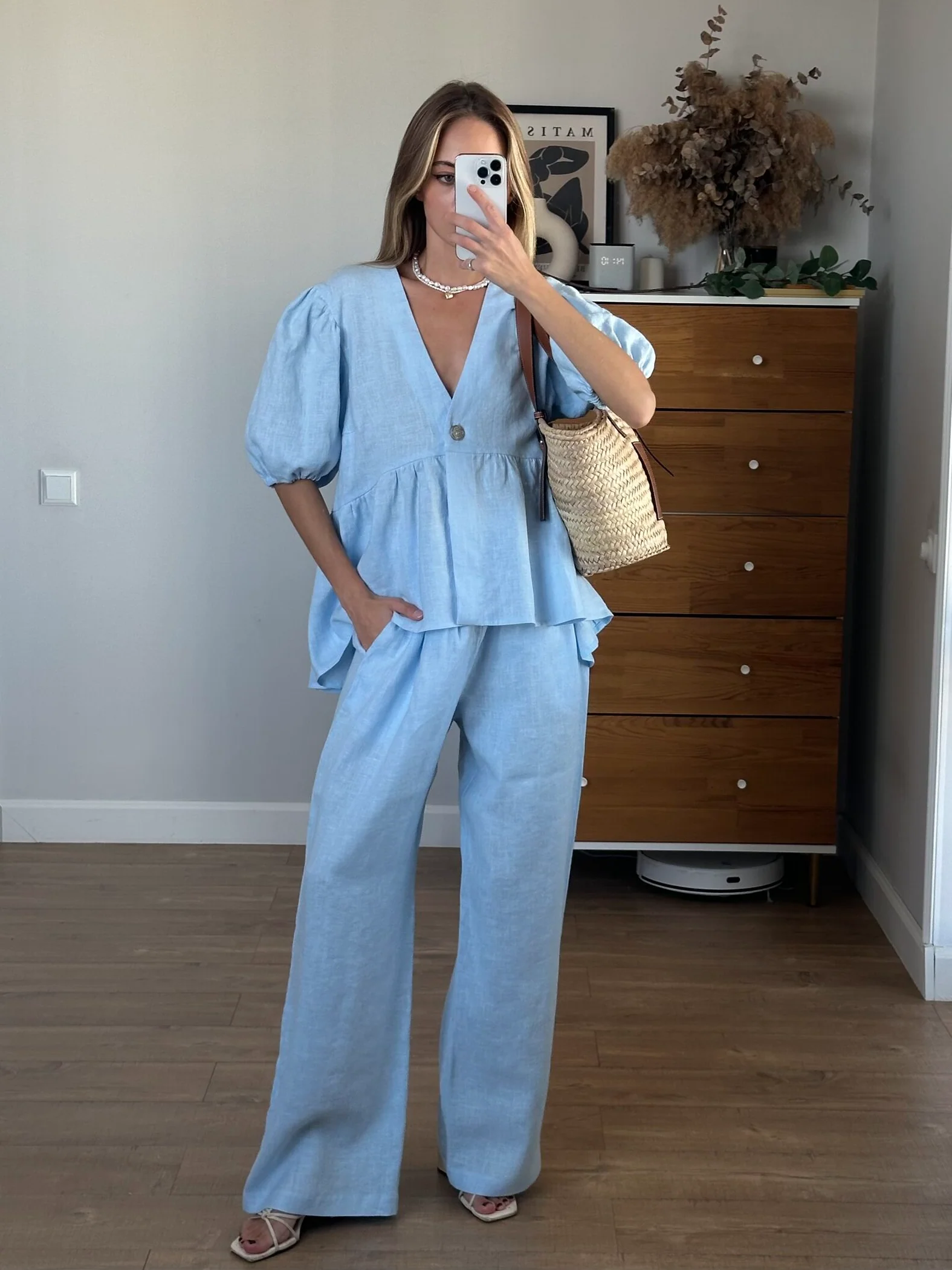 Linen Ruffled Bubble Sleeve Two-piece Set - Image 2