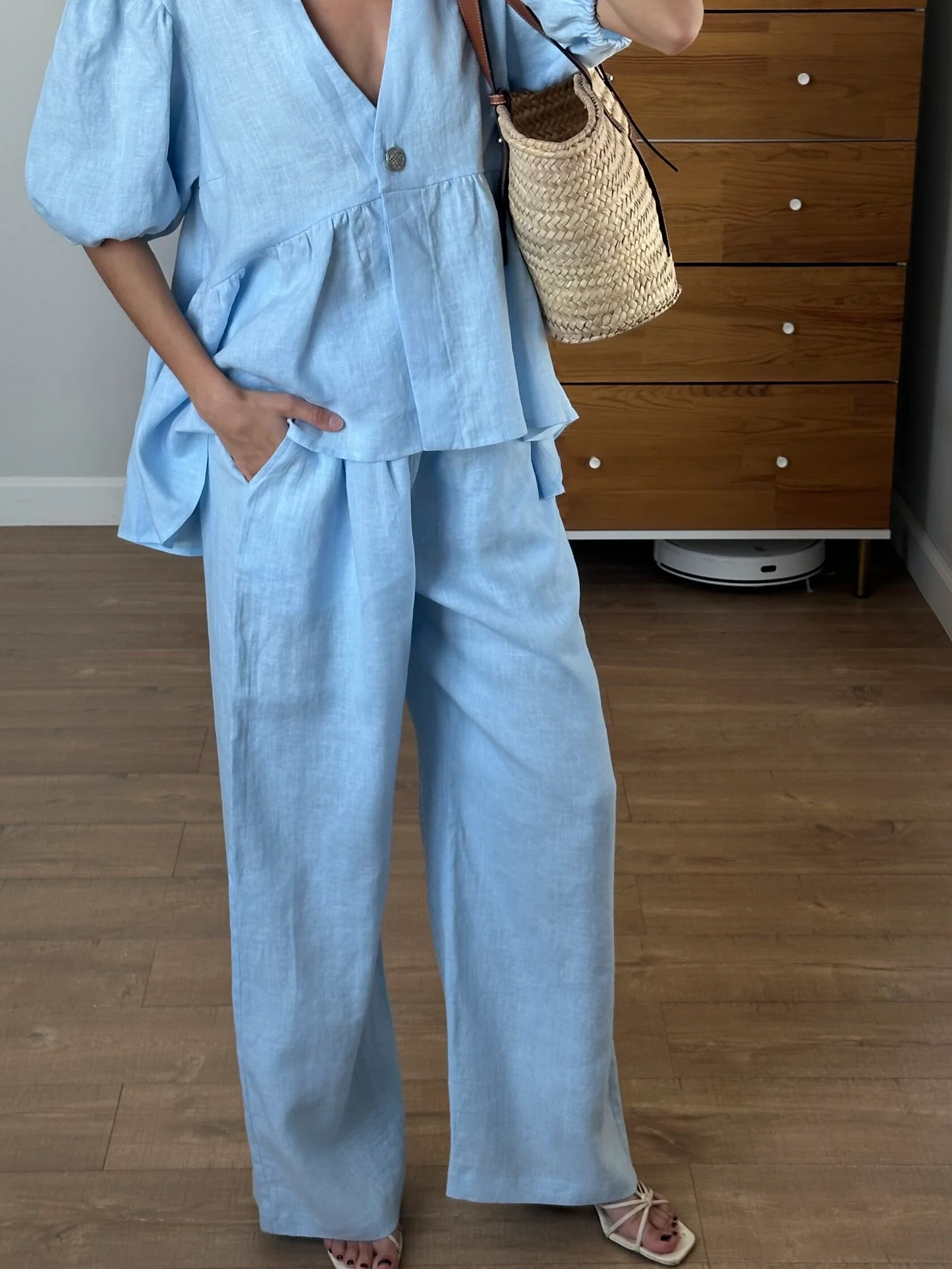 Linen Ruffled Bubble Sleeve Two-piece Set - Image 3