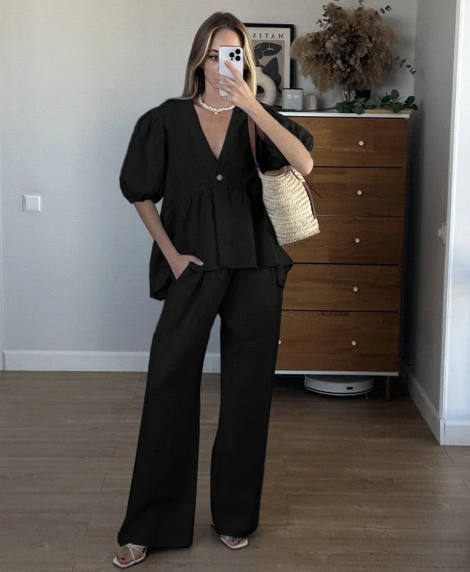 Linen Ruffled Bubble Sleeve Two-piece Set - Image 4