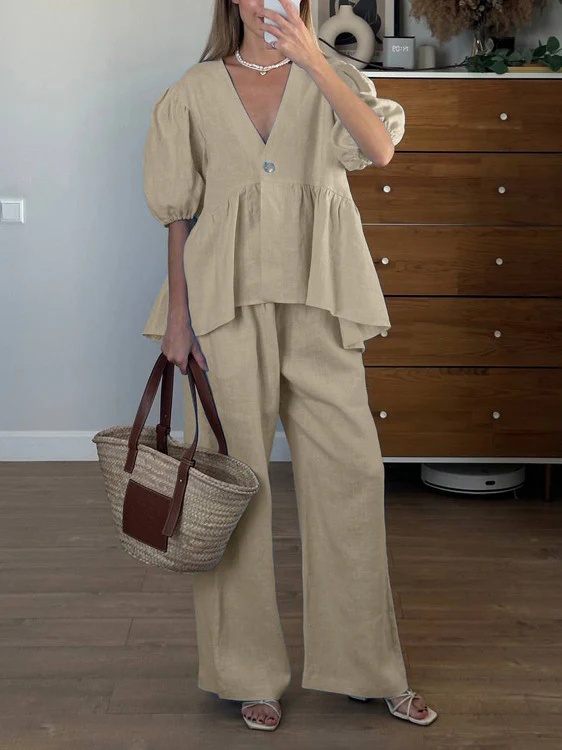 Linen Ruffled Bubble Sleeve Two-piece Set - Image 5