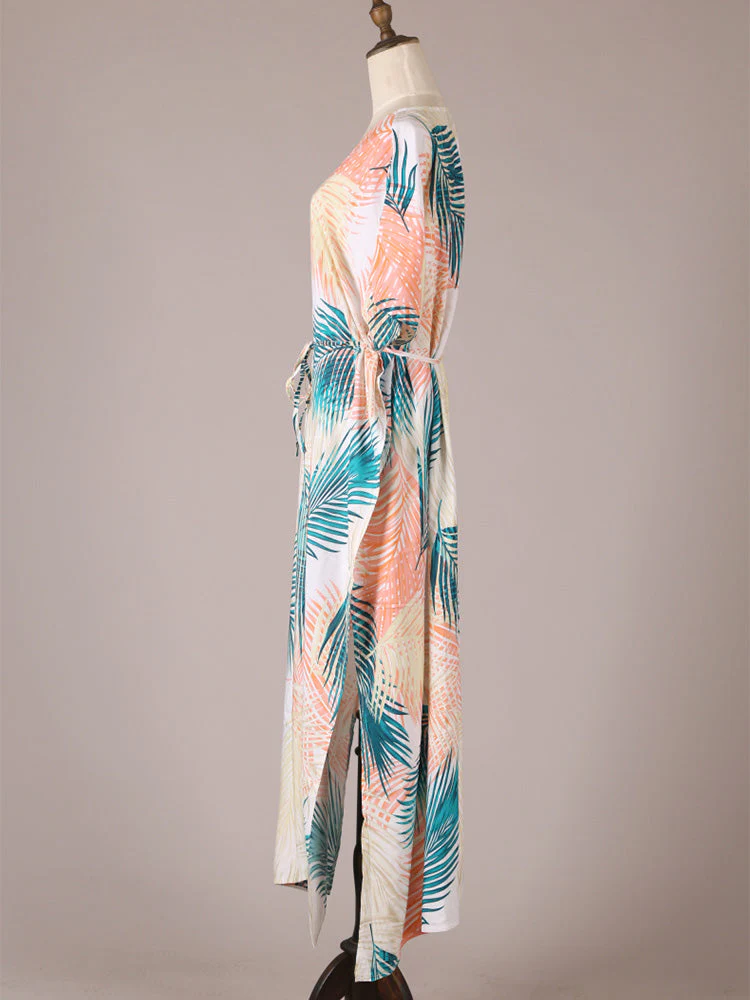 Picnic Partywear Leaf Print Beige Color Cotton Long Length Gown Kimono Duster Robe - Image 2