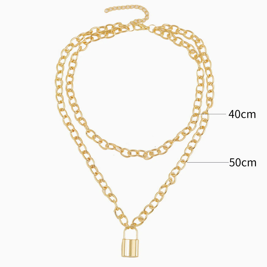 Modern Lock Pendant Chain-Link Layered Necklace - Gold - Image 2