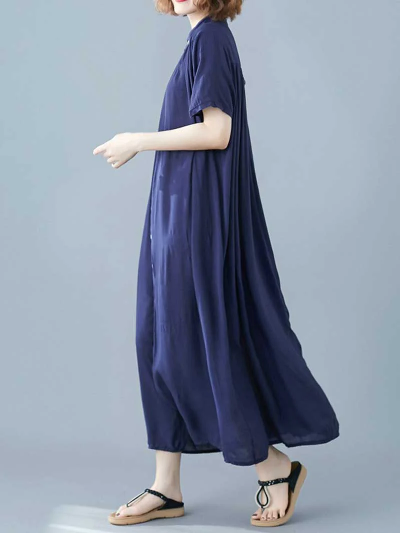 Long Cotton Front Button Cotton Shirt Dress (Navy Blue - Army Green - Brown) - Image 10