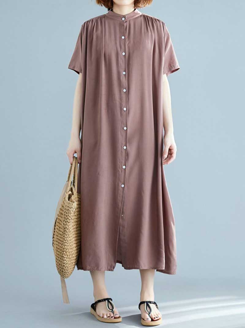 Long Cotton Front Button Cotton Shirt Dress (Navy Blue - Army Green - Brown) - Image 2