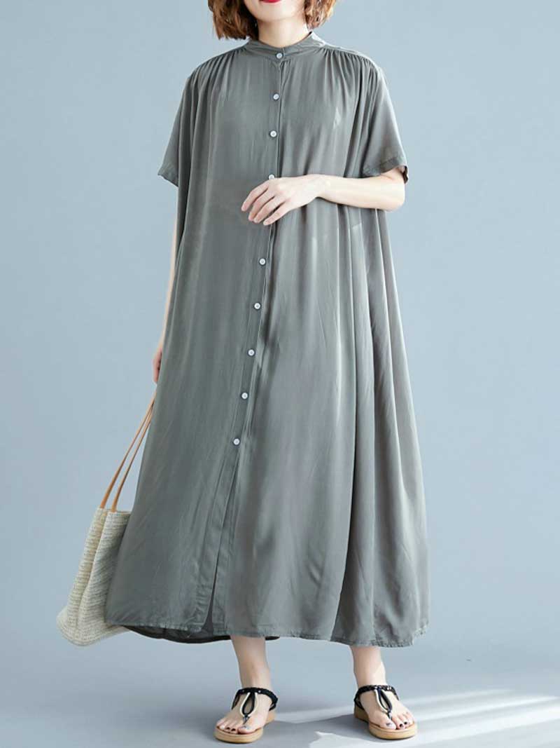 Long Cotton Front Button Cotton Shirt Dress (Navy Blue - Army Green - Brown) - Image 3