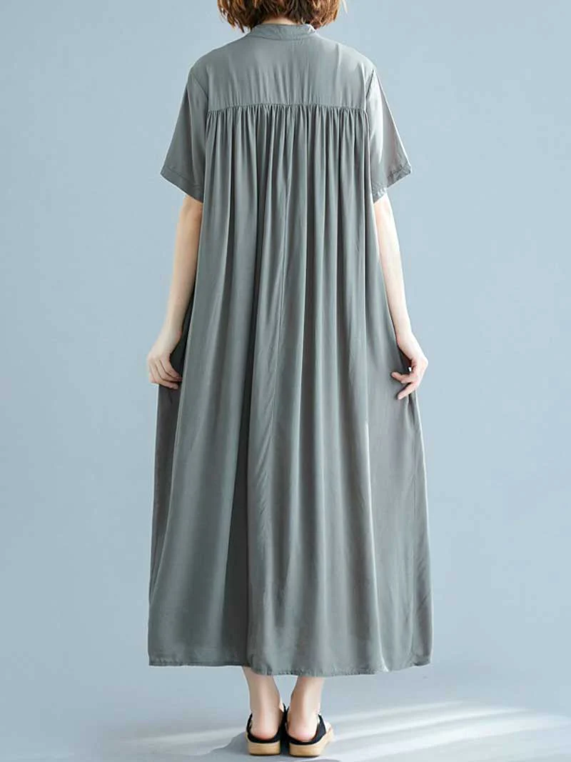 Long Cotton Front Button Cotton Shirt Dress (Navy Blue - Army Green - Brown) - Image 6