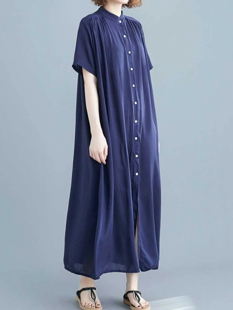 Long Cotton Front Button Cotton Shirt Dress (Navy Blue - Army Green - Brown) - Image 7