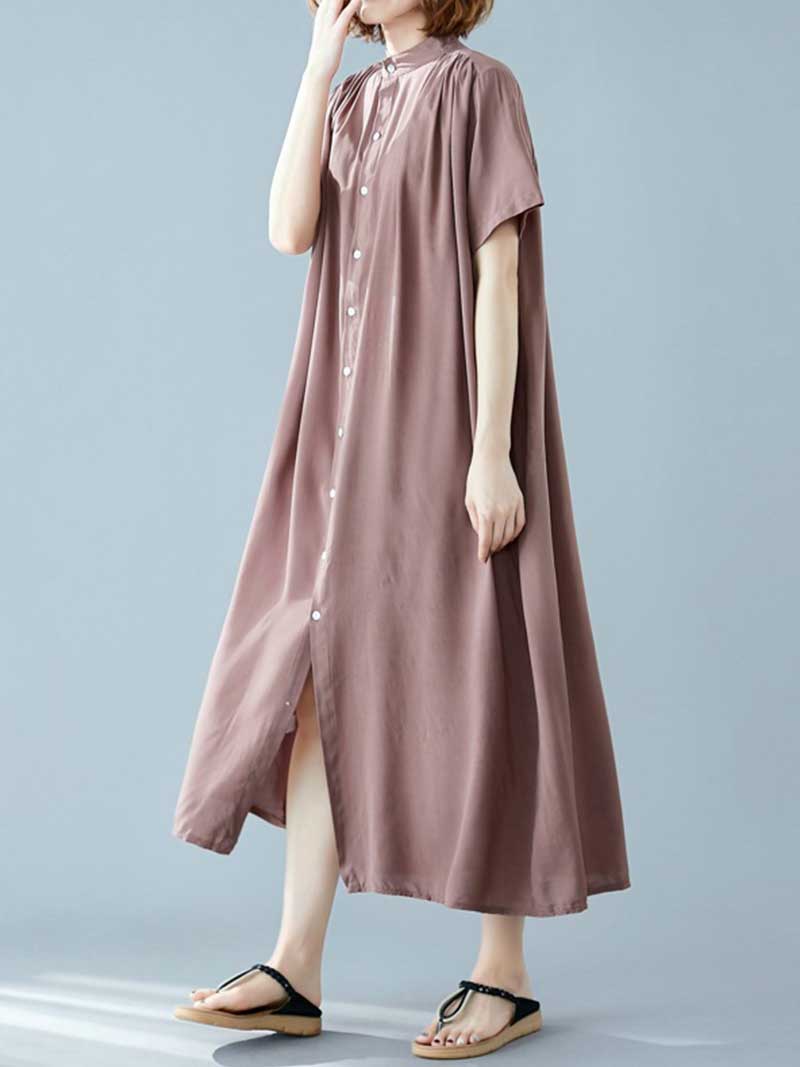 Long Cotton Front Button Cotton Shirt Dress (Navy Blue - Army Green - Brown) - Image 8