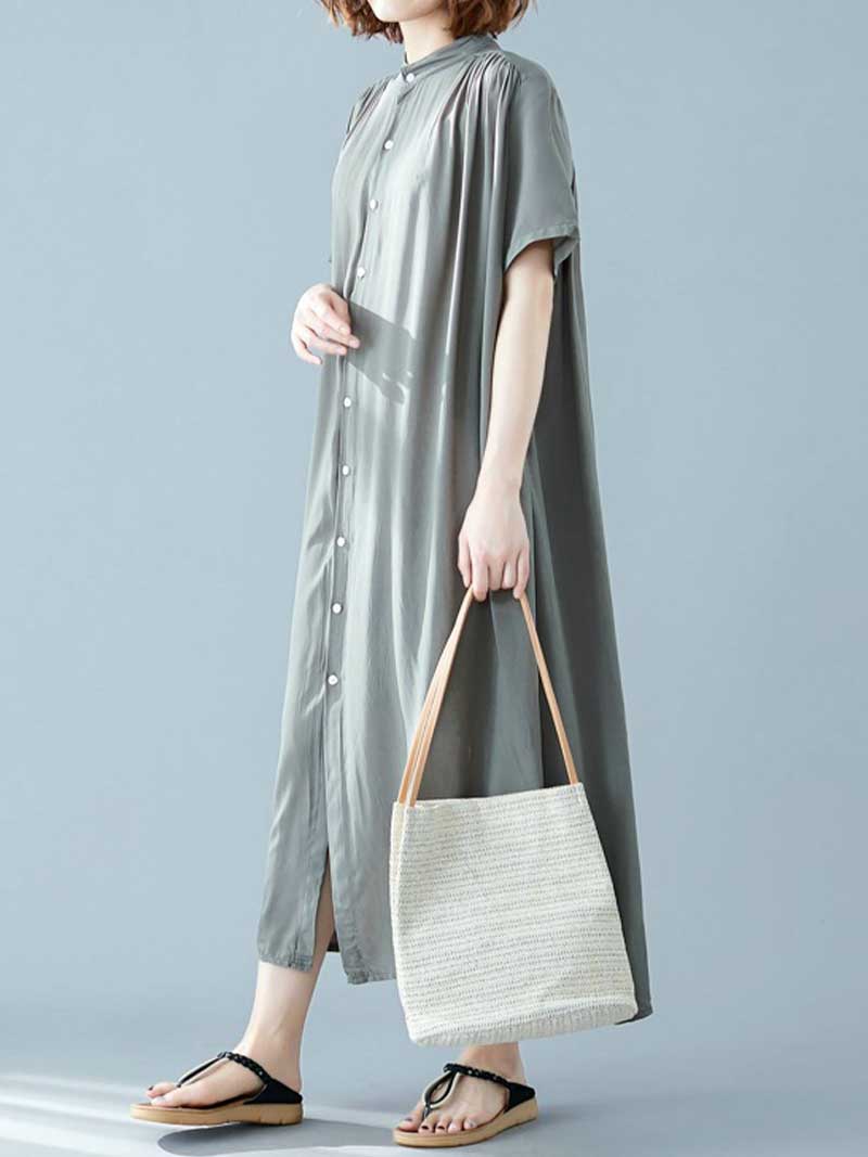 Long Cotton Front Button Cotton Shirt Dress (Navy Blue - Army Green - Brown) - Image 9