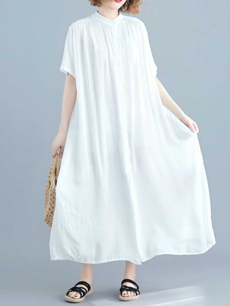 Long Cotton Front Button Cotton Shirt Dress (White - Black - Grey- Apricot) - Image 15