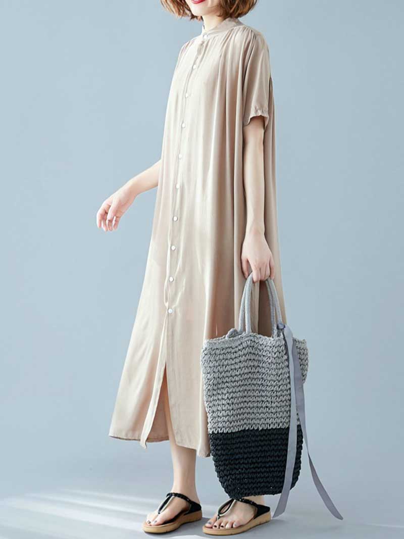 Long Cotton Front Button Cotton Shirt Dress (White - Black - Grey- Apricot) - Image 16