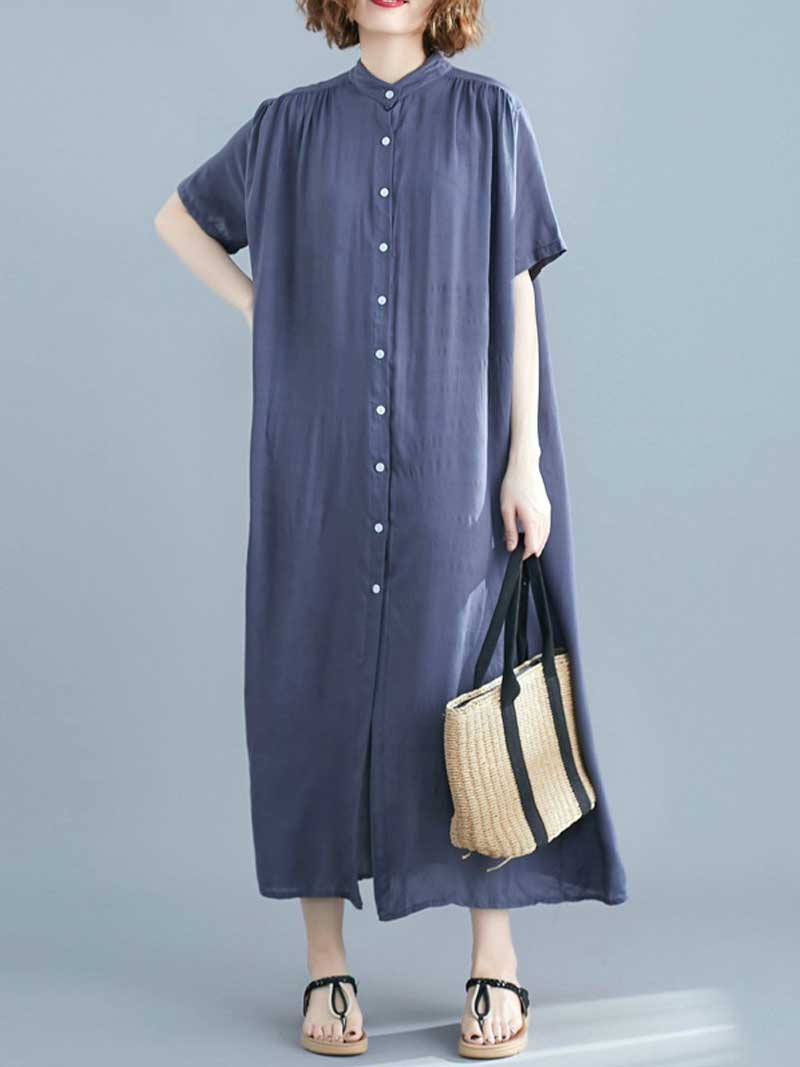 Long Cotton Front Button Cotton Shirt Dress (White - Black - Grey- Apricot) - Image 3