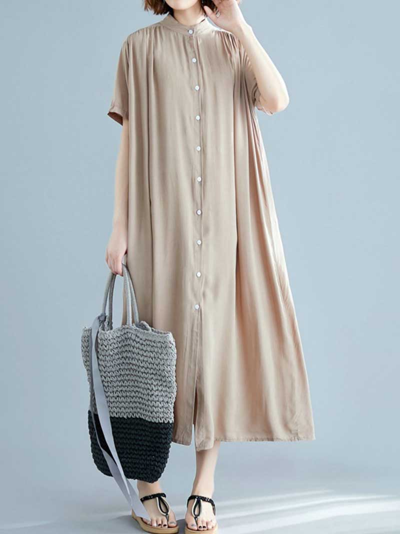 Long Cotton Front Button Cotton Shirt Dress (White - Black - Grey- Apricot) - Image 4