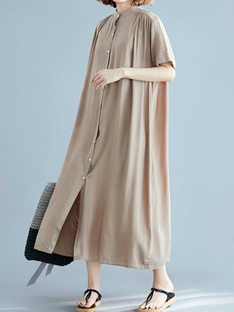 Long Cotton Front Button Cotton Shirt Dress (White - Black - Grey- Apricot) - Image 8
