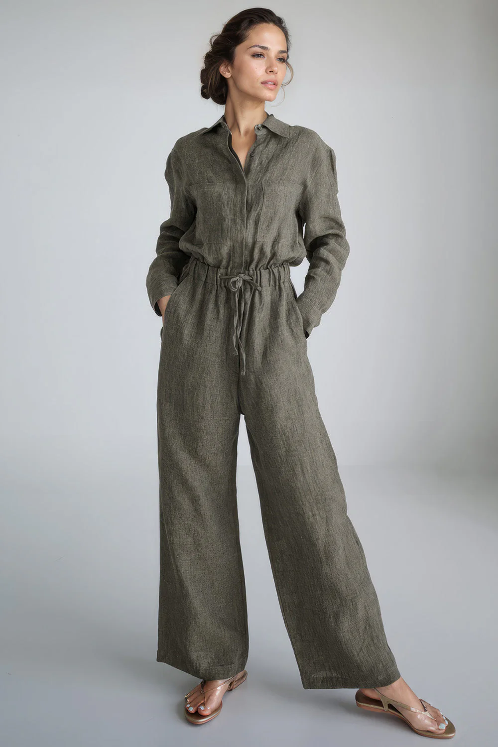 Long Jumpsuit with Elastic Waist - Dark Green - Image 2