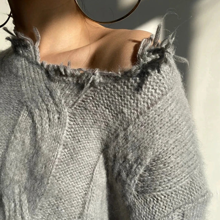 Long KNITTED PULLOVER with RIPPING - Grey - Image 2