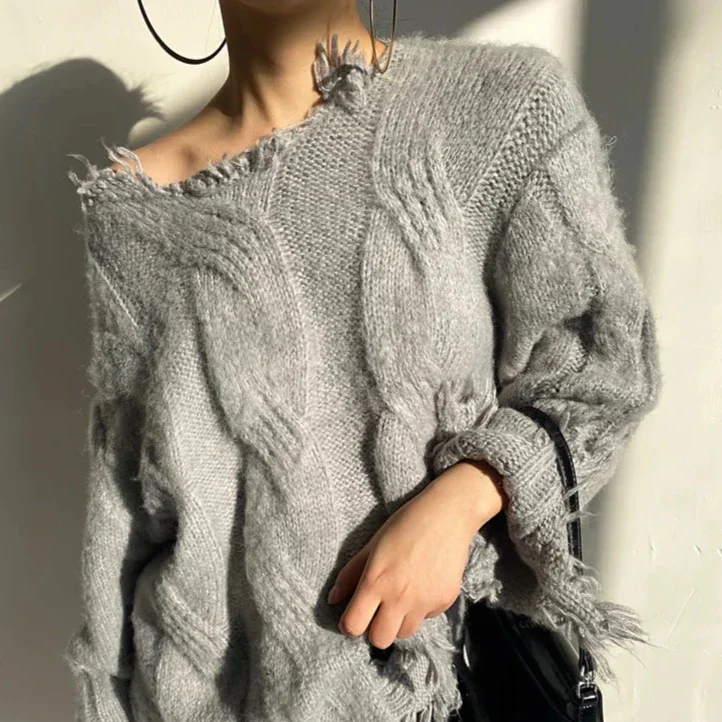 Long KNITTED PULLOVER with RIPPING - Grey - Image 4