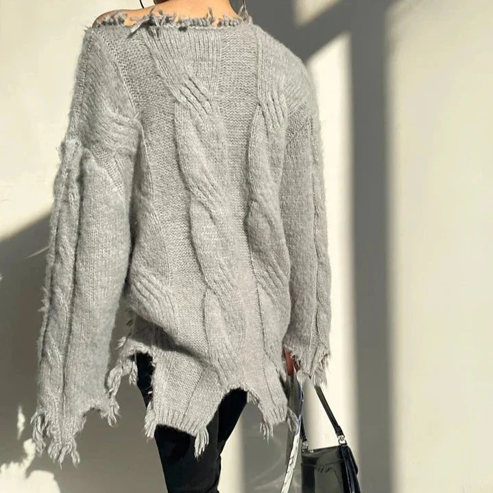 Long KNITTED PULLOVER with RIPPING - Grey - Image 5