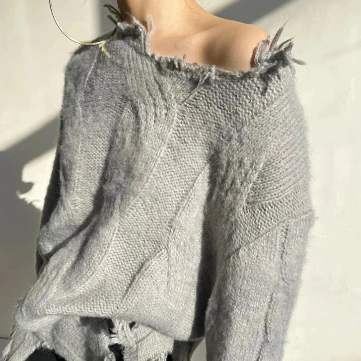 Long KNITTED PULLOVER with RIPPING - Grey - Image 6