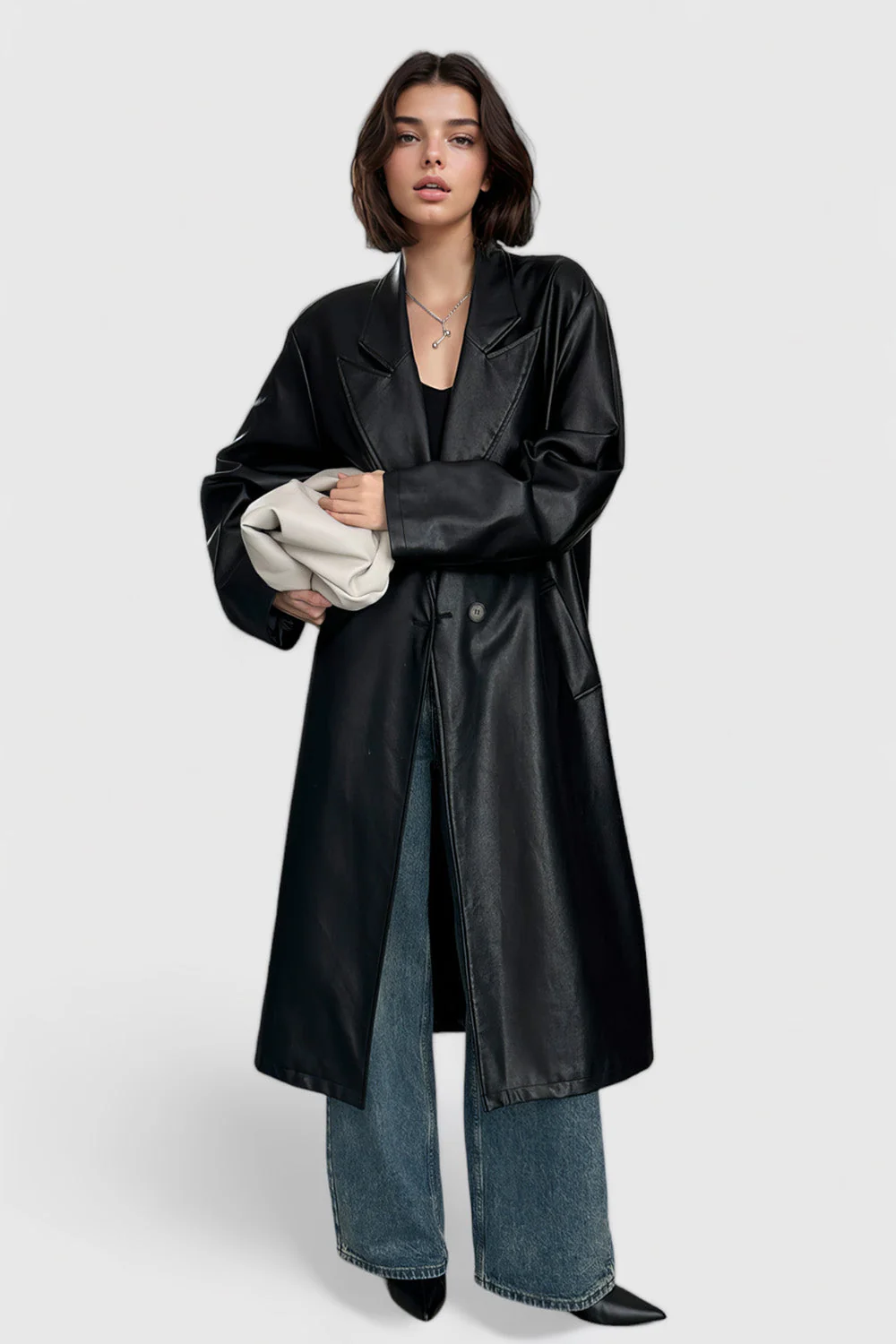Long Leather Trenchcoat - Black - Image 3