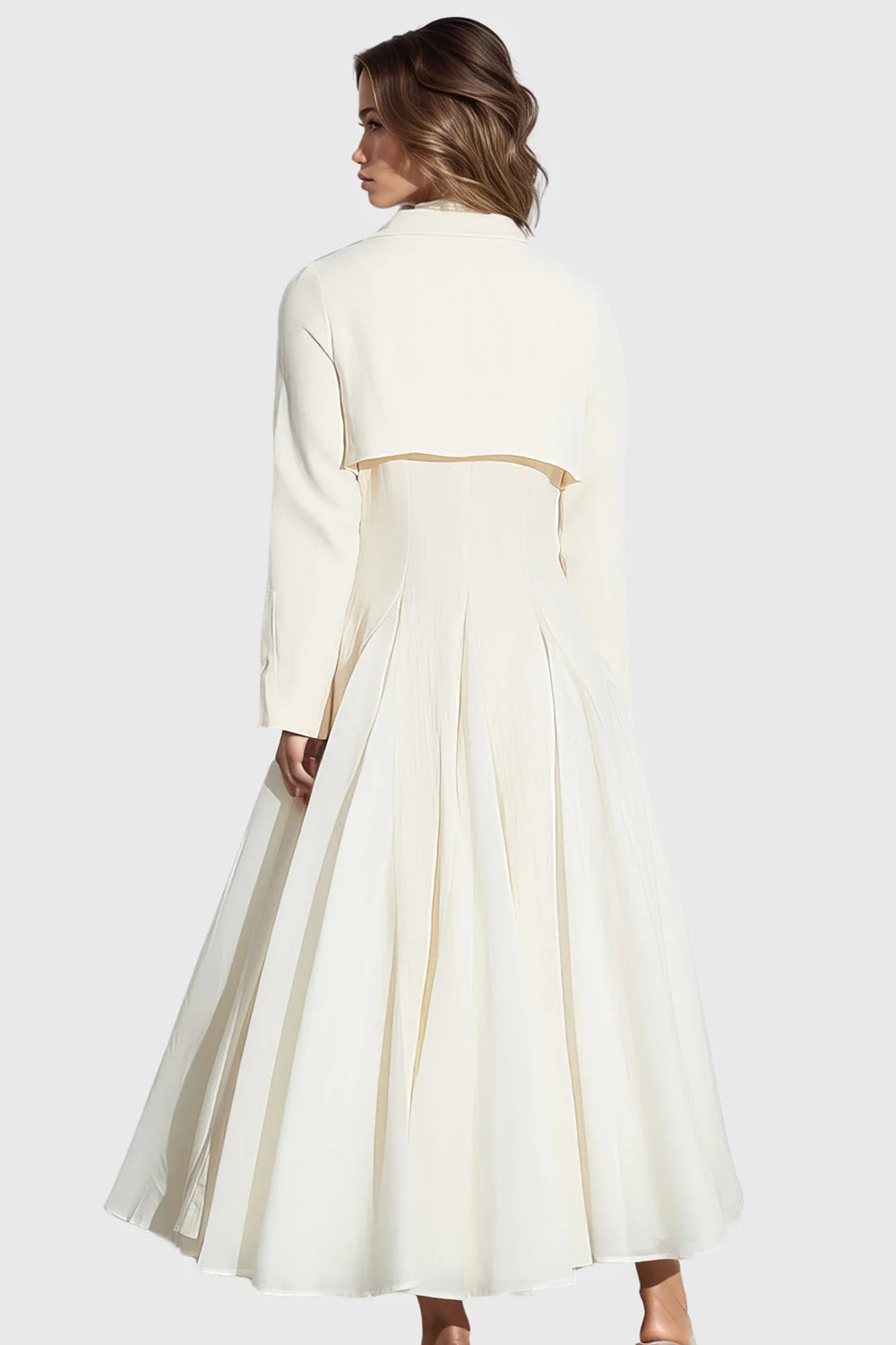 Long Sleeve Maxi Dress with V Neckline - Beige - Image 2