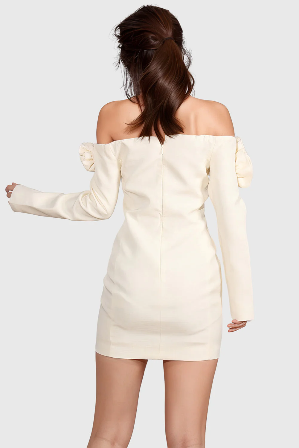 Long Sleeve Mini Dress with Roses - Light YelLow - Image 2