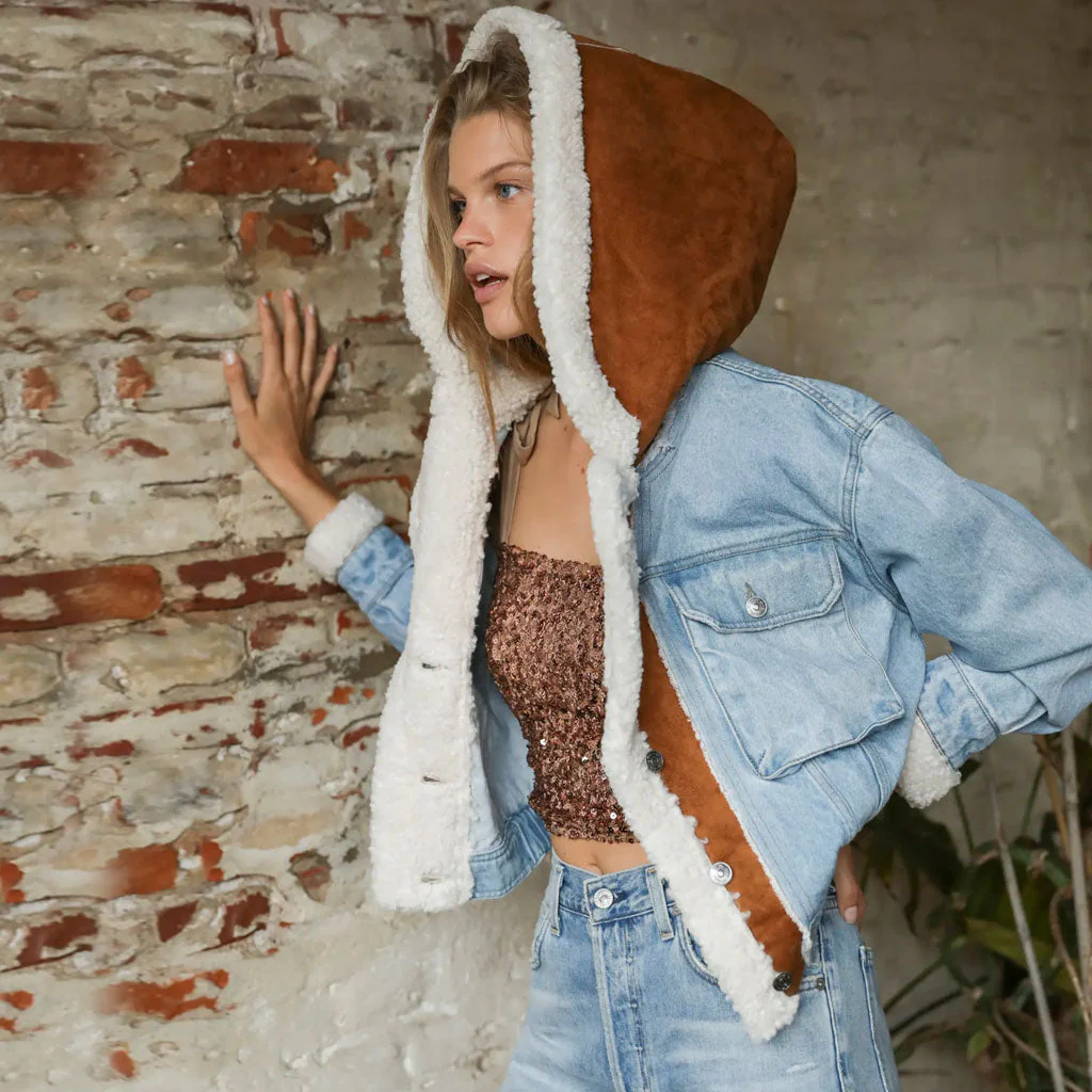 Long Sleeve Sherpa Patchwork Flap Pocket Denim Hooded Coat - Blue - Image 2
