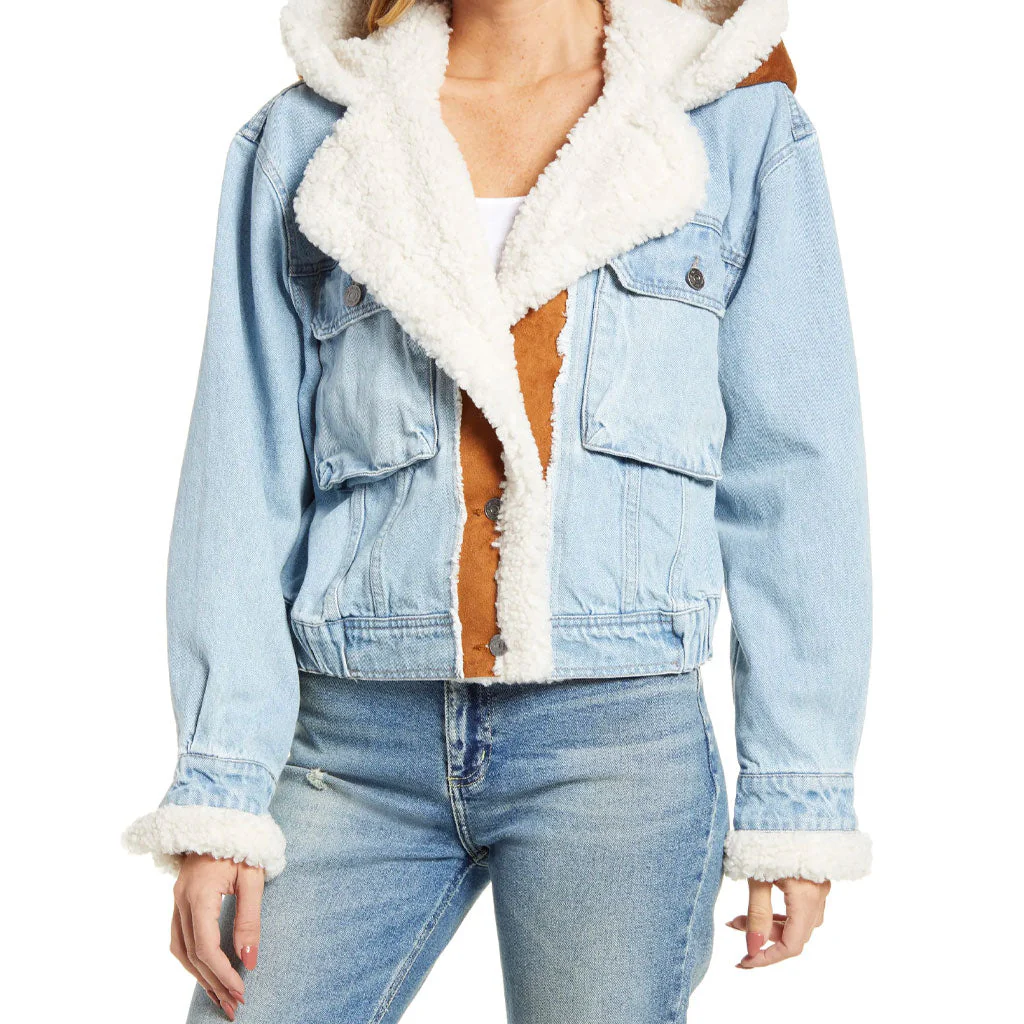 Long Sleeve Sherpa Patchwork Flap Pocket Denim Hooded Coat - Blue - Image 3