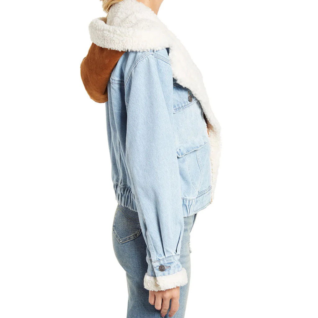 Long Sleeve Sherpa Patchwork Flap Pocket Denim Hooded Coat - Blue - Image 4