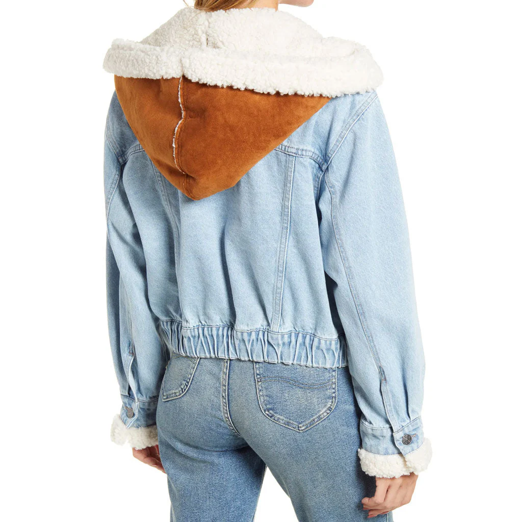 Long Sleeve Sherpa Patchwork Flap Pocket Denim Hooded Coat - Blue - Image 5