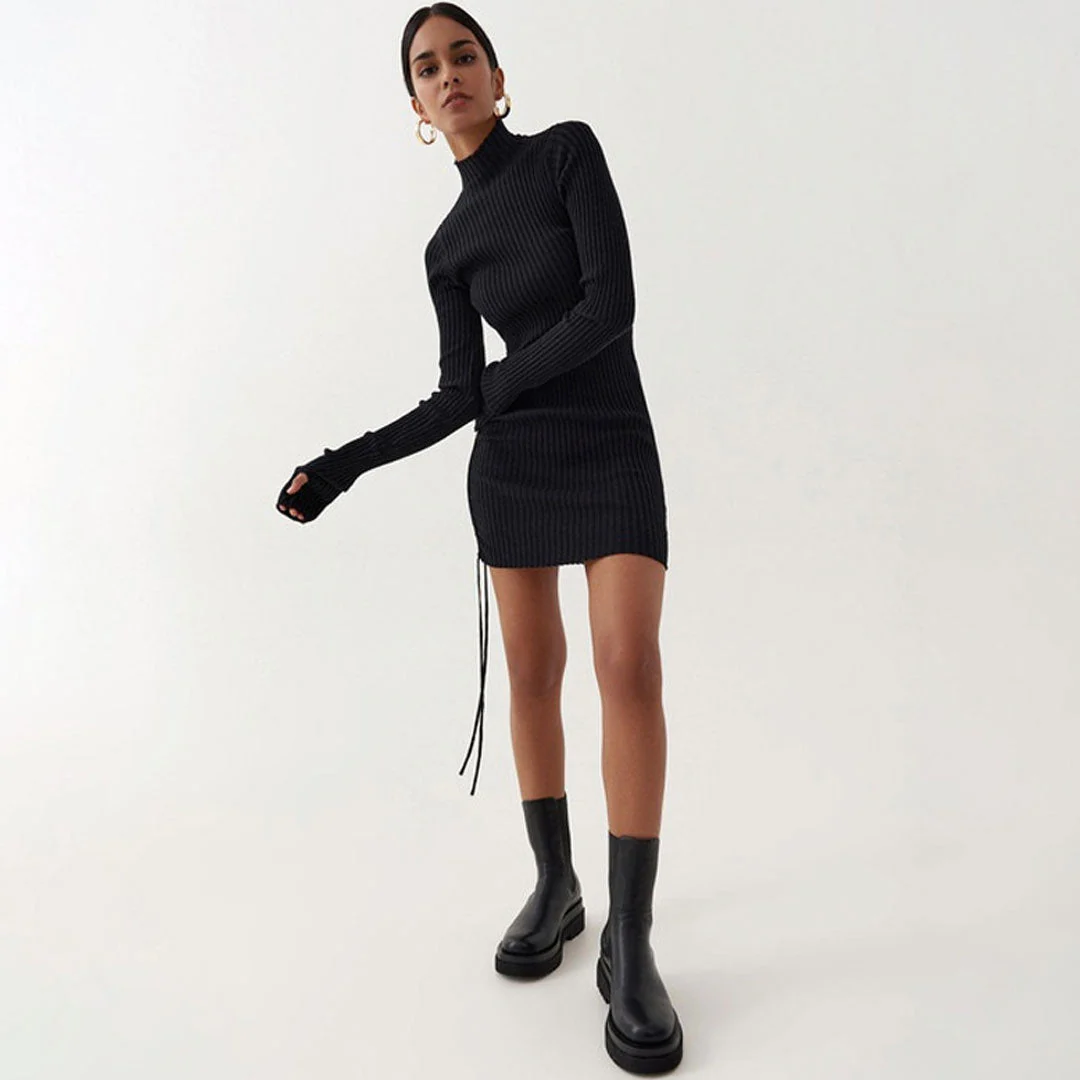 Long Sleeve Tie Side Ruched Turtleneck Sweater Mini Dress - Black - Image 2
