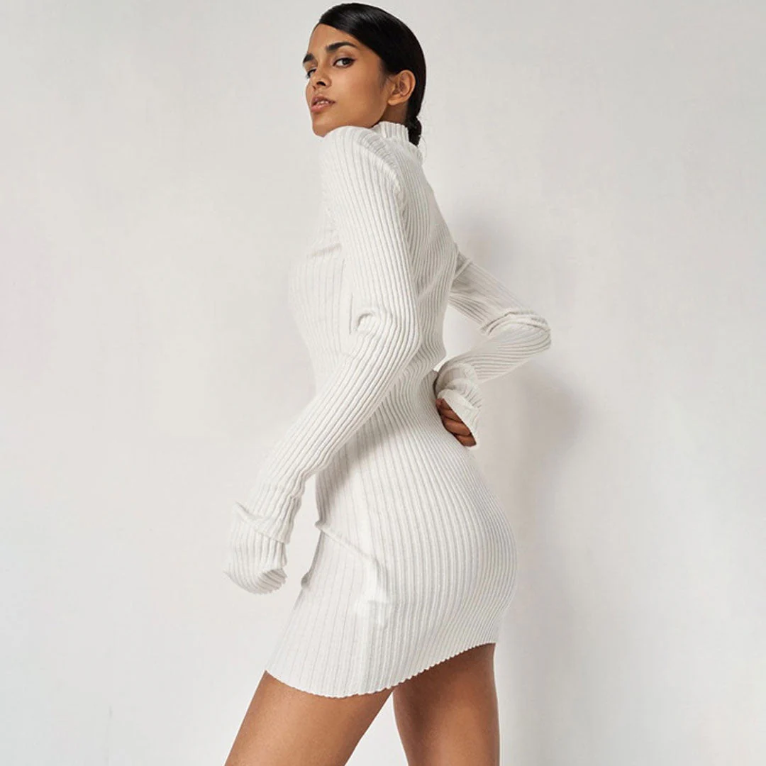 Long Sleeve Tie Side Ruched Turtleneck Sweater Mini Dress - White - Image 3