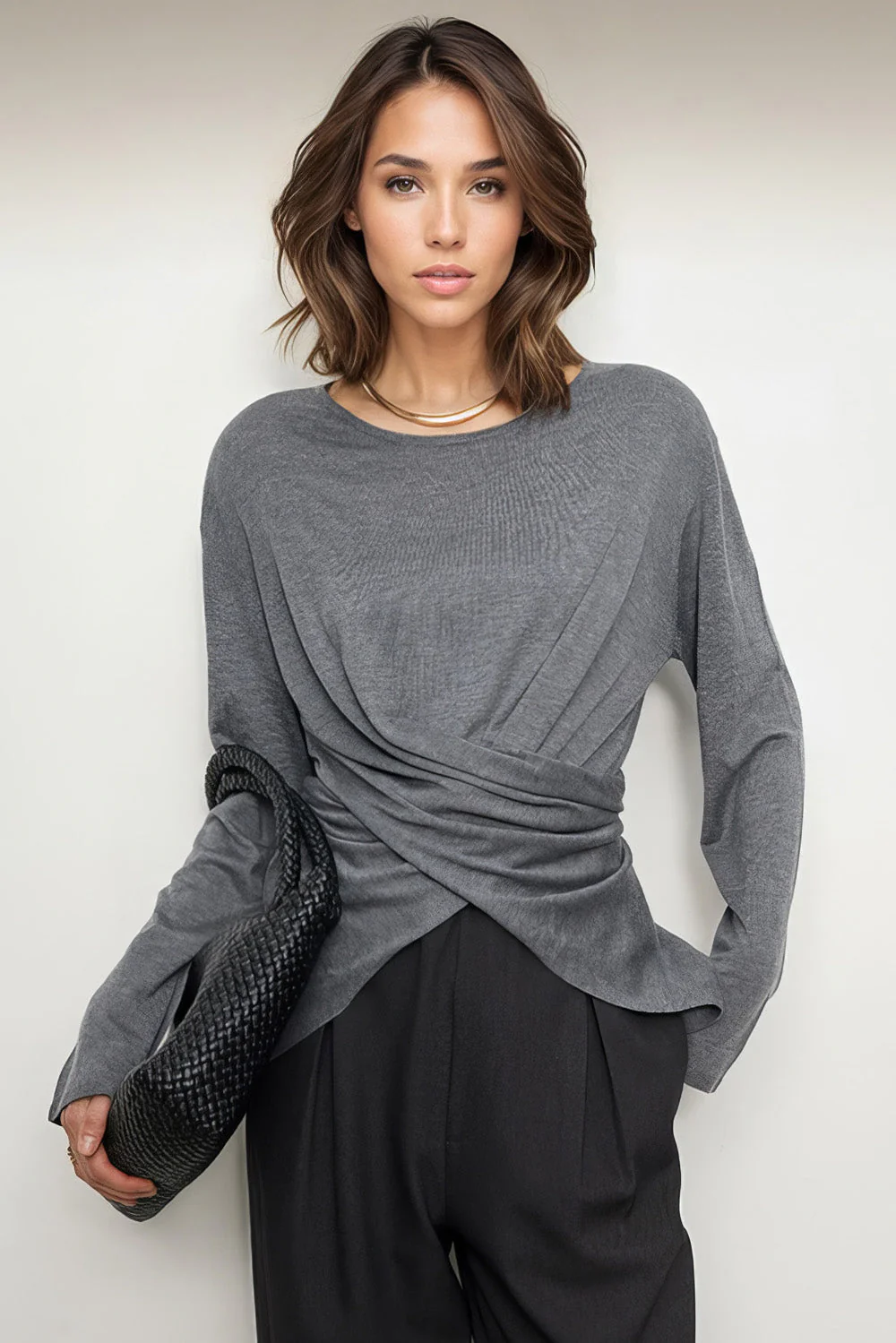 Long Sleeve Top with Criss Cross Detail - Grey - Image 2