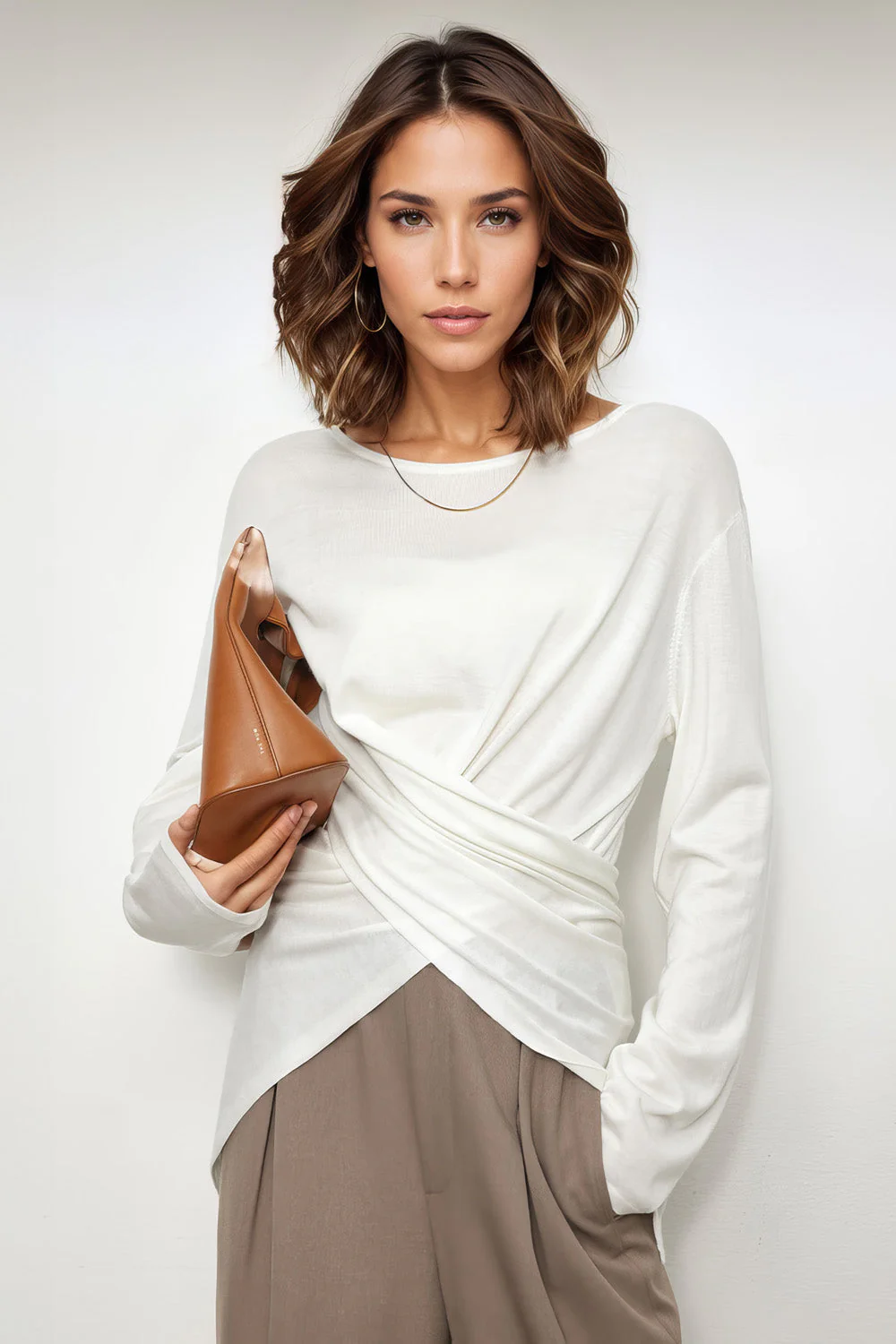 Long Sleeve Top with Criss Cross Detail - White - Image 2