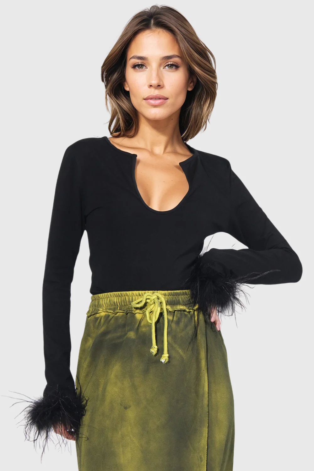 Long Sleeve top with Feather Cuffs - Black - Image 2