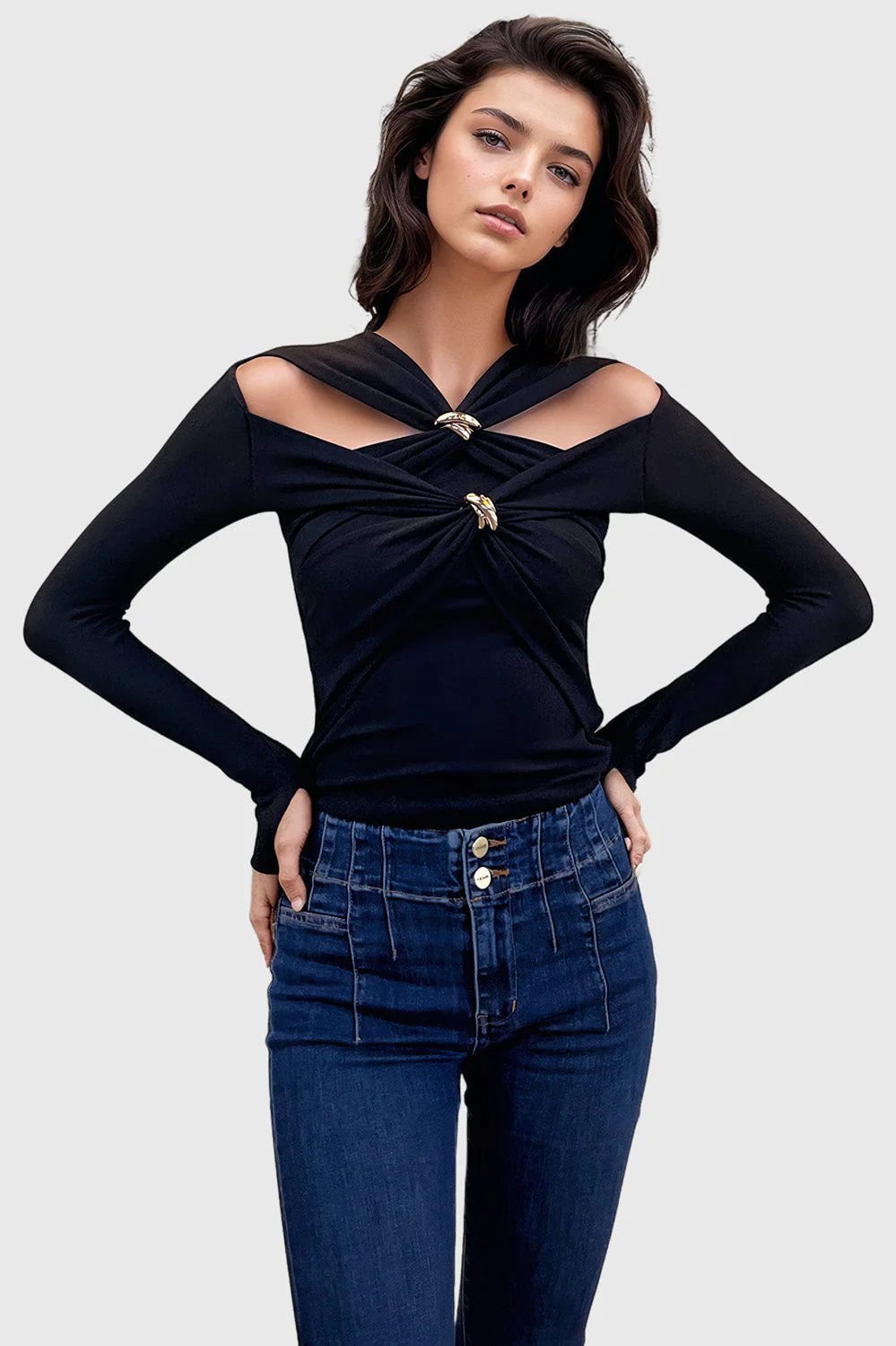 Long Sleeve Top with Gold Details - Black - Image 3