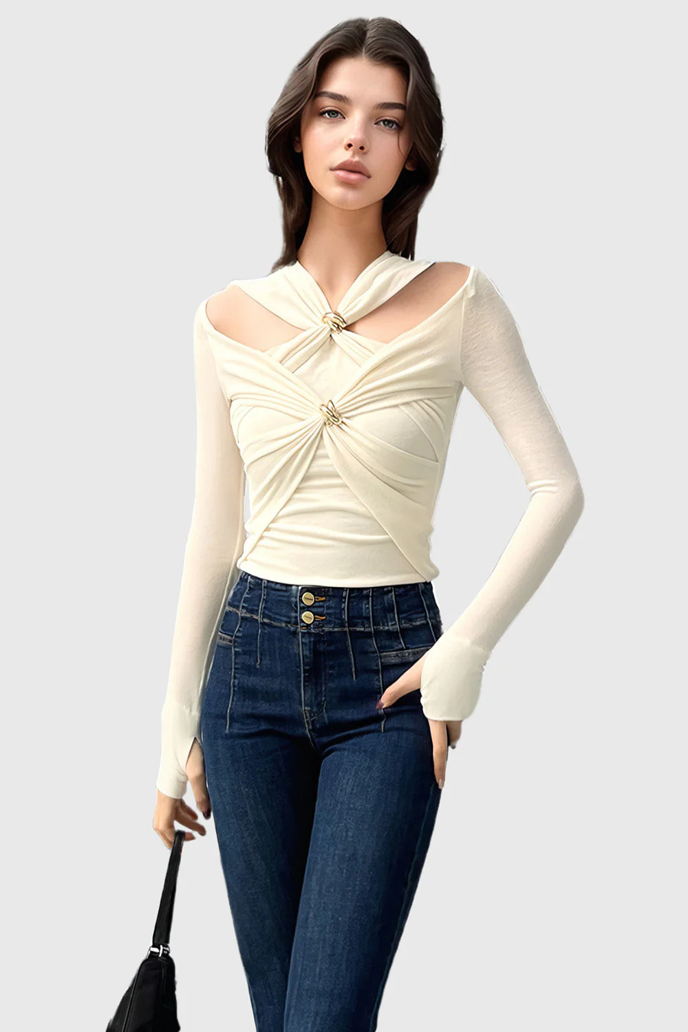 Long Sleeve Top with Gold Details - White - Image 2